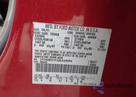 2002 Ford F-250 Lariat/Xl/Xlt from USA, damaged, VIN 1FTNW21F32EA49394